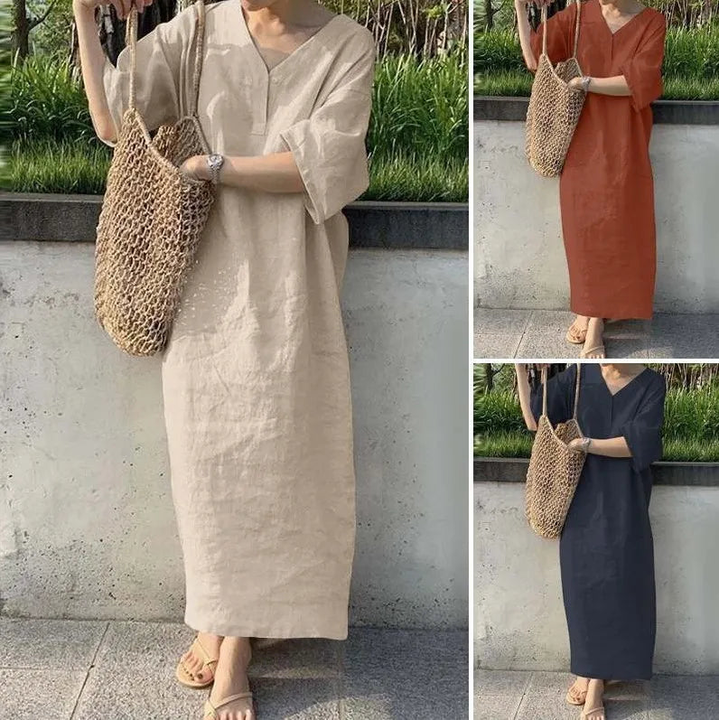 women's clothing vestidoes Women Dresses 2026  New loose short-sleeved V-neck solid color cotton linen solid color long dress