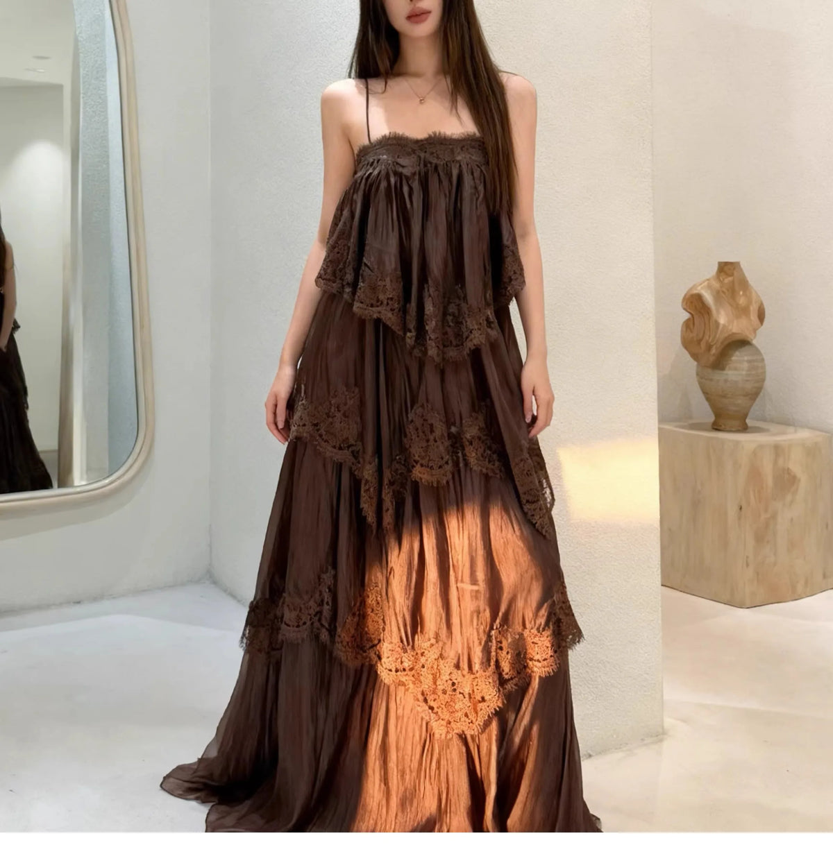 Exclusive Color Dyeing Heavy Work Multi-Layer Skirt Long Dress Women's Commute Style Sleeveless Outdoor Casual Polyester Fiber