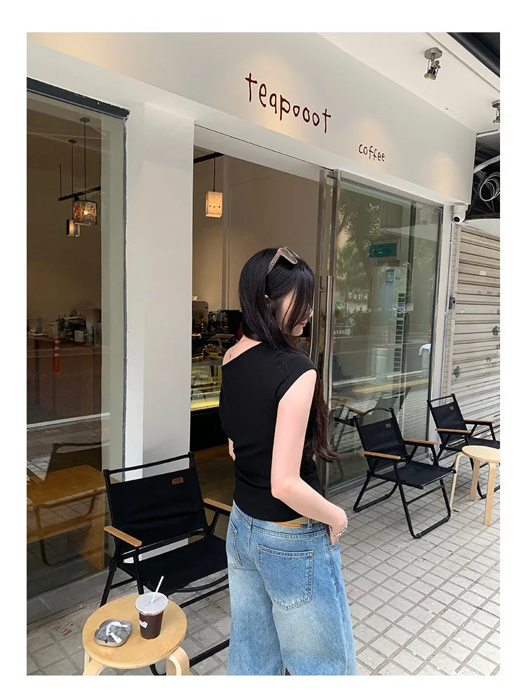 Slim Fit Short Sleeve T-Shirt Women Summer New Style Shoulder Bared Neckline Gathered Waist Elastic Band Casual Style Top