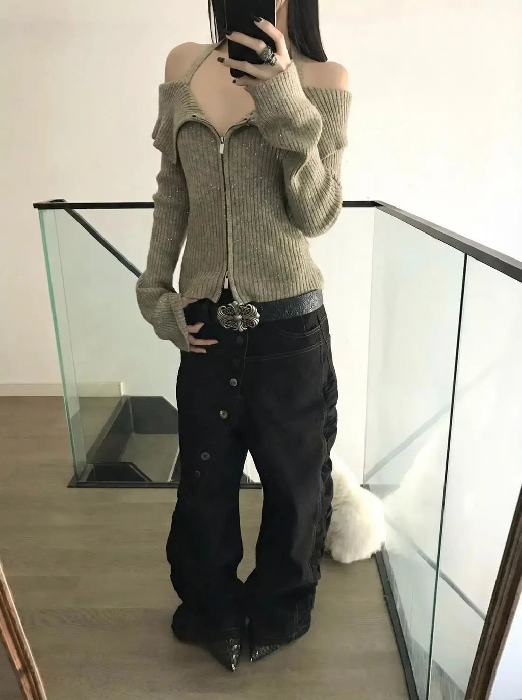 Hong Kong-style Denim Belt with Cross Carving & Rivets Niche Subculture Style Versatile Street Waistband for Casual Daily Outfit