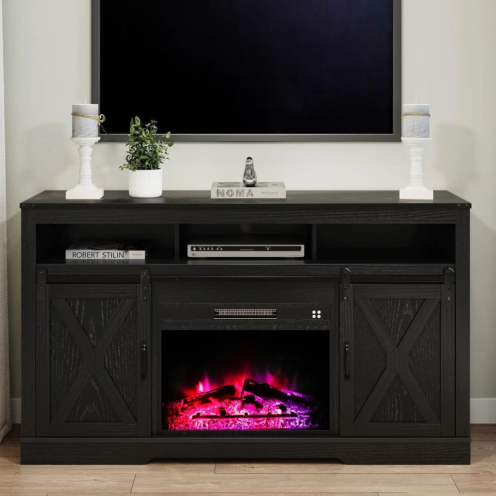 Black Farmhouse TV Stand with Sliding Bar Door & 23" Electric Fireplace with Remote for 65+ Inch TV Living Room, Customized
