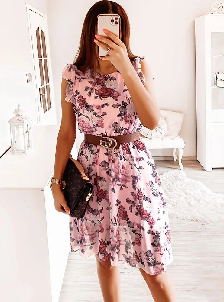 Ladies Sleeveless Elastic Waist Beach Dress 2026 Women V-Neck Pleated Chiffon Cover-Ups Summer Fashion Floral Printed Long Dress