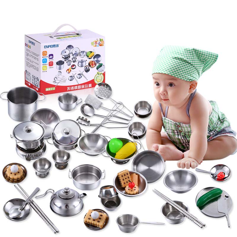 Juego de utensilios de cocina MINI de juguete para niños y niñas de acero inoxidable, pueden guardar alimentos, juguetes de cocina educativos de juego de imitación