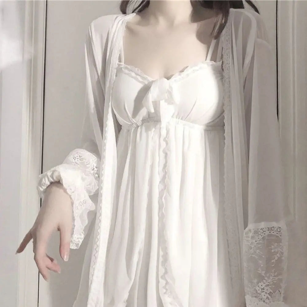 Lace Bowknot Women Pajama Dress Nightgown Sleeveless Homewear Suspender Nightdress Set Sleepwear Ruffle