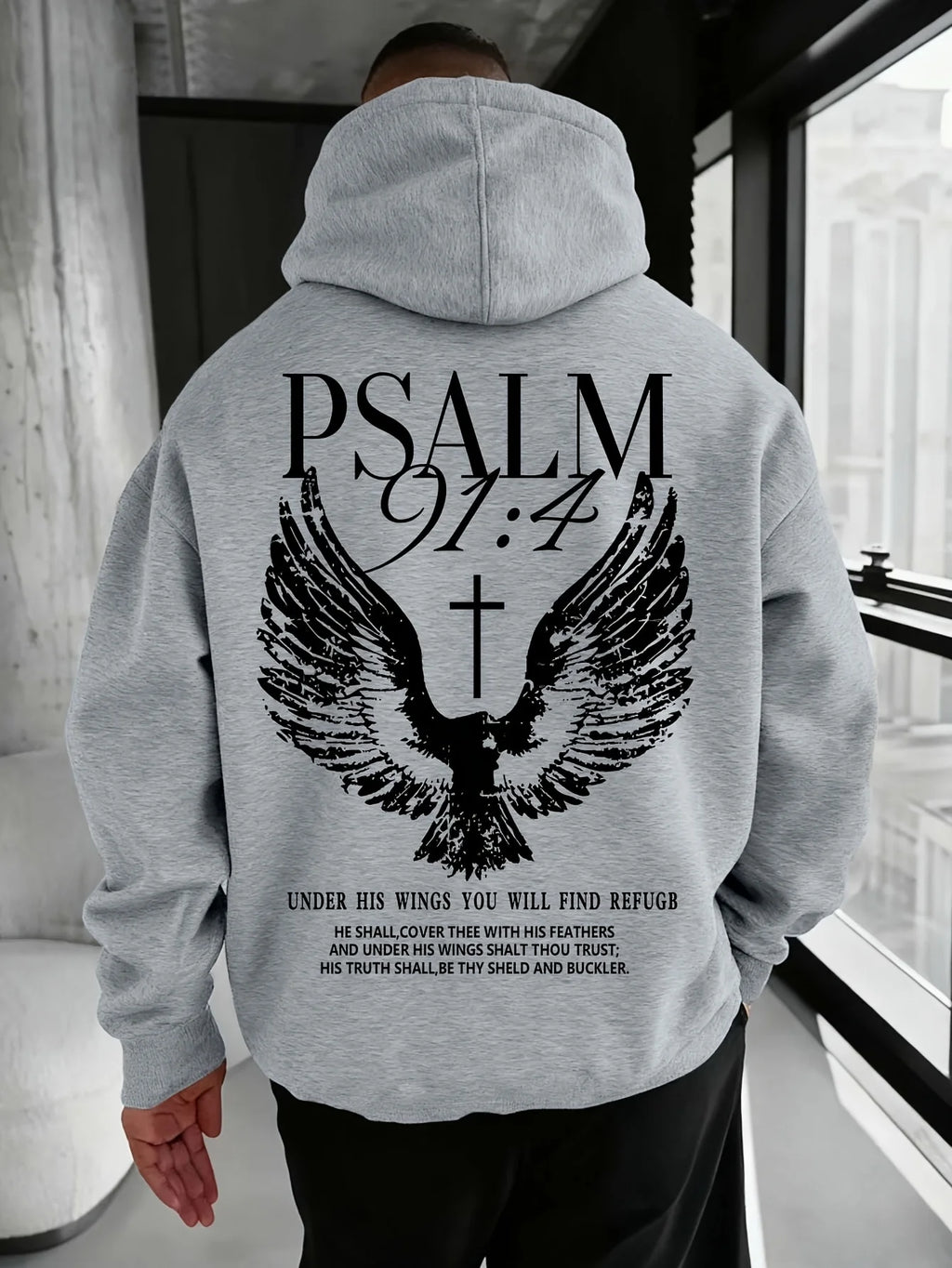 Christian Bible Verse Psalm 91:4 Print Men Women Hooded Sweatshirt Autumn Winter Outdoor Vacation Casual Loose Warm Sportswear
