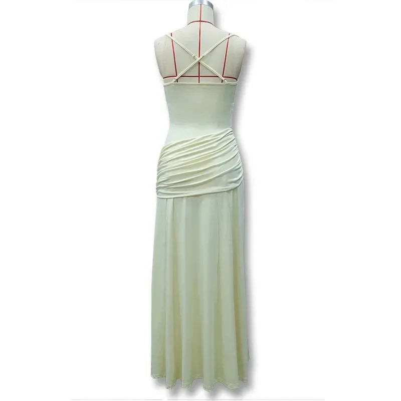 Elegant Strapless Ruched Maxi Dress Sexy Backless Lace Up Cinched Waist Slit Draped Bodycon Dresses Cocktail Party Evening Gown