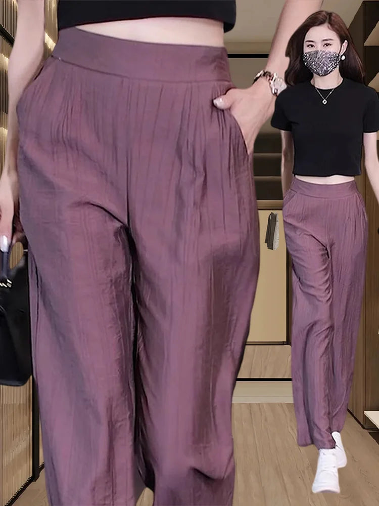 Women's Ice Silk Wide Leg Pants - High Waist Loose Casual Trousers