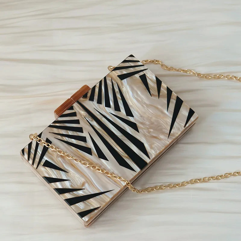 New Trendy Handbag Fashion Women Bag Brown Striped Acrylic Luxury Party Evening Bag Woman Cute Wedding Box Vintage Clutch Purse
