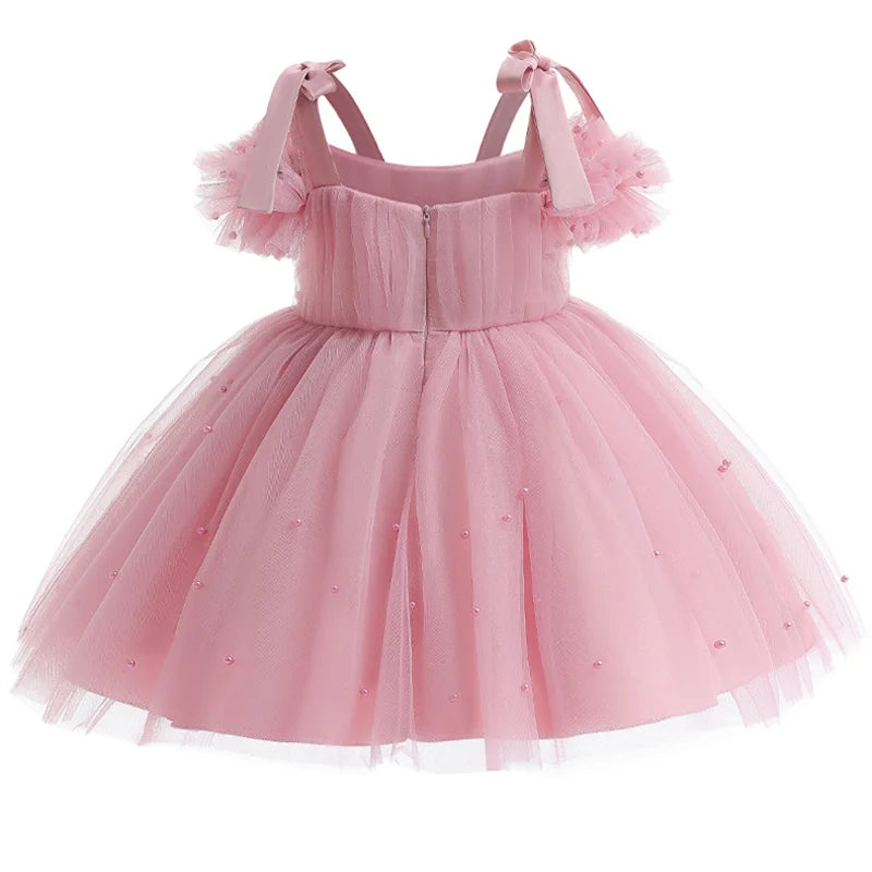 Flower Girls Elegant Cute Bow Pearls Tulle Princess Dress For Toddler Kids Formal Birthday Party Wedding Prom Pageant Puffy Gown