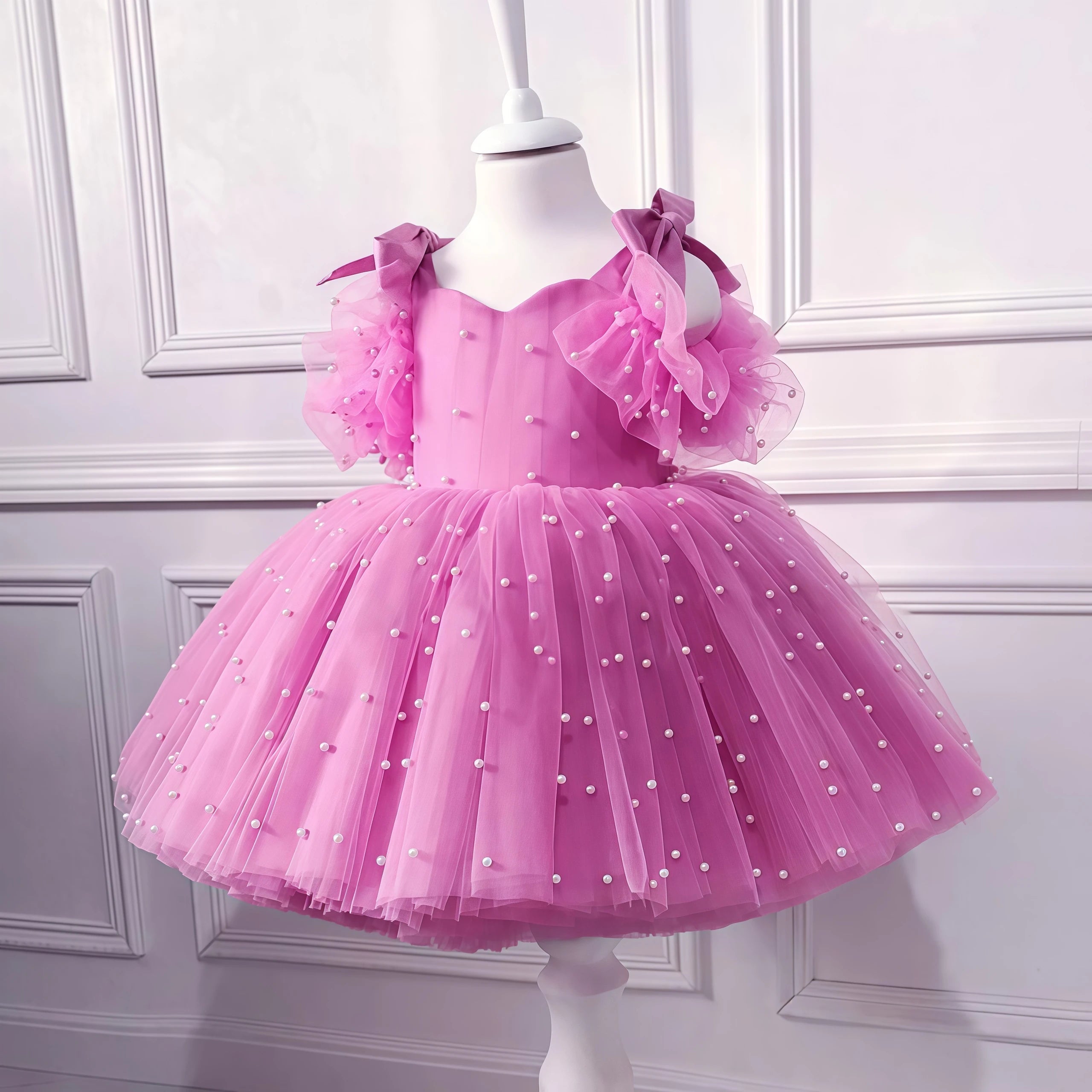 Flower Girls Elegant Cute Bow Pearls Tulle Princess Dress For Toddler Kids Formal Birthday Party Wedding Prom Pageant Puffy Gown