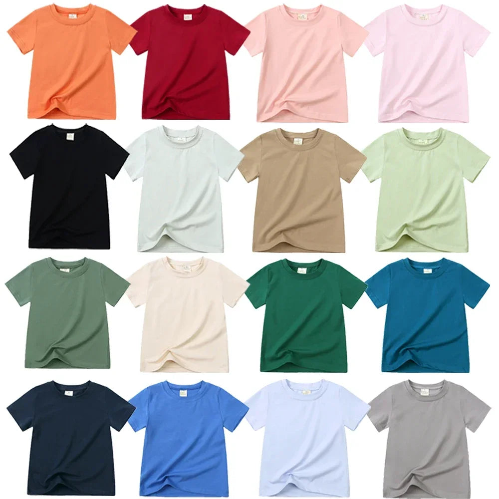 2026 Summer Kids Boys Girls T-Shirt Solid Cotton Breathable Teenager Short Children Casual Shirt For 12M-9T Baby Korean Top