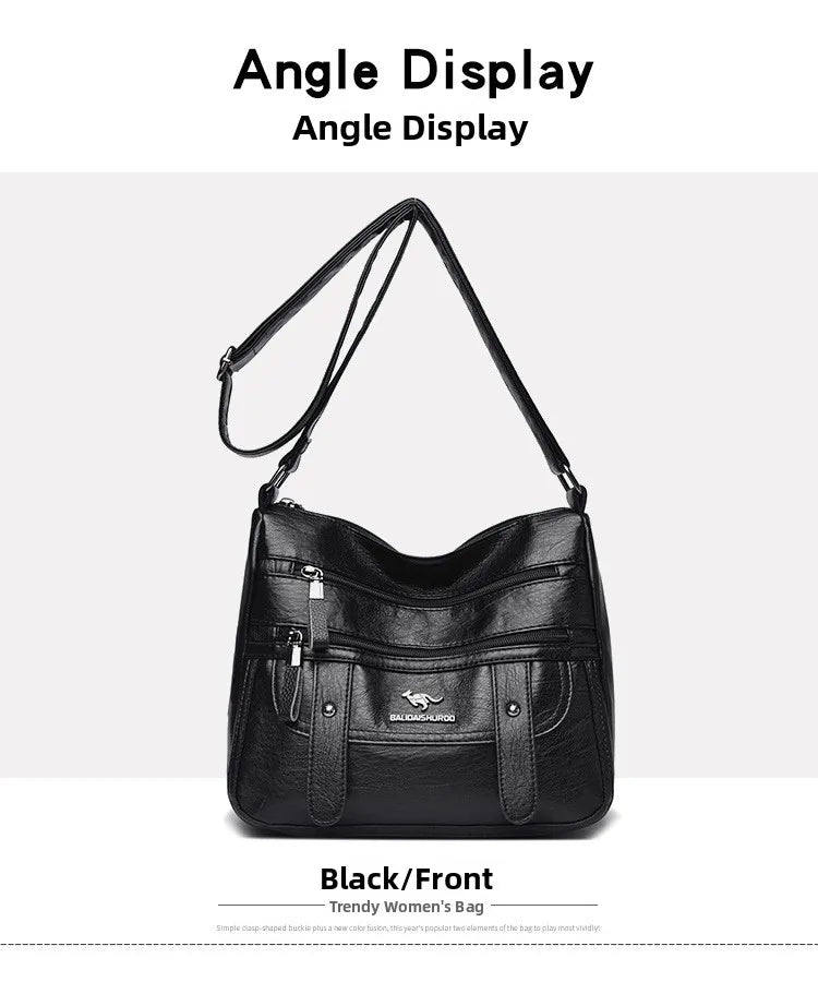 Trendy Women's Soft Leather Shoulder Bag Large Capacity Diagonal Crossbody Bag Street Style Matron Bag Fashionable All-Match