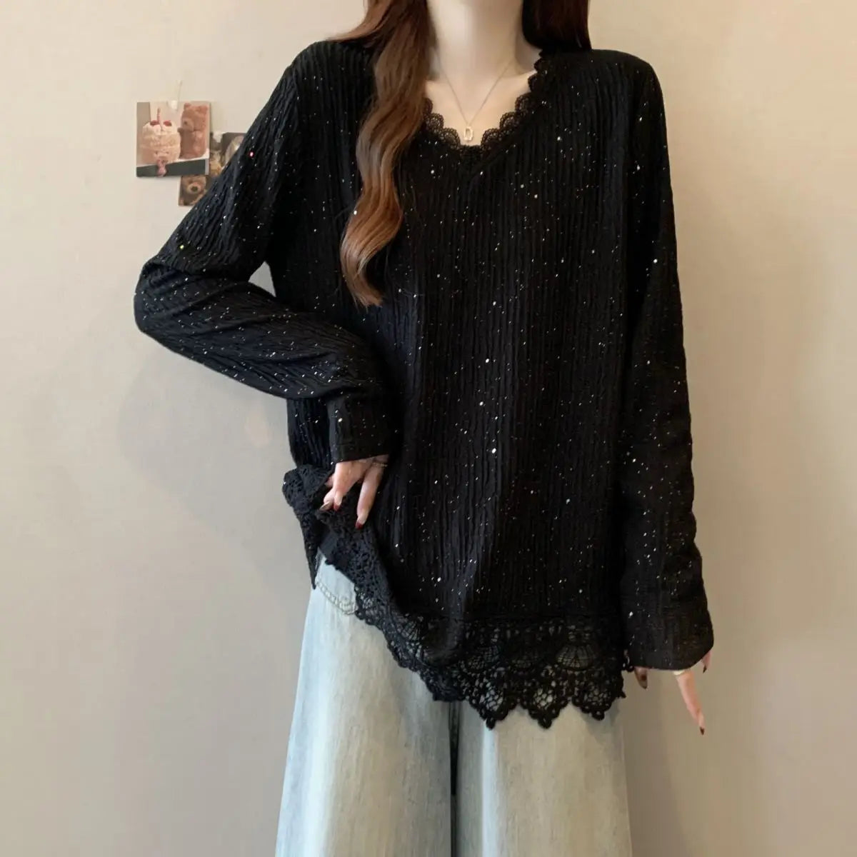 Lace Splicing Long Sleeve T-shirt Female Loose Slimming V-Neck Top
