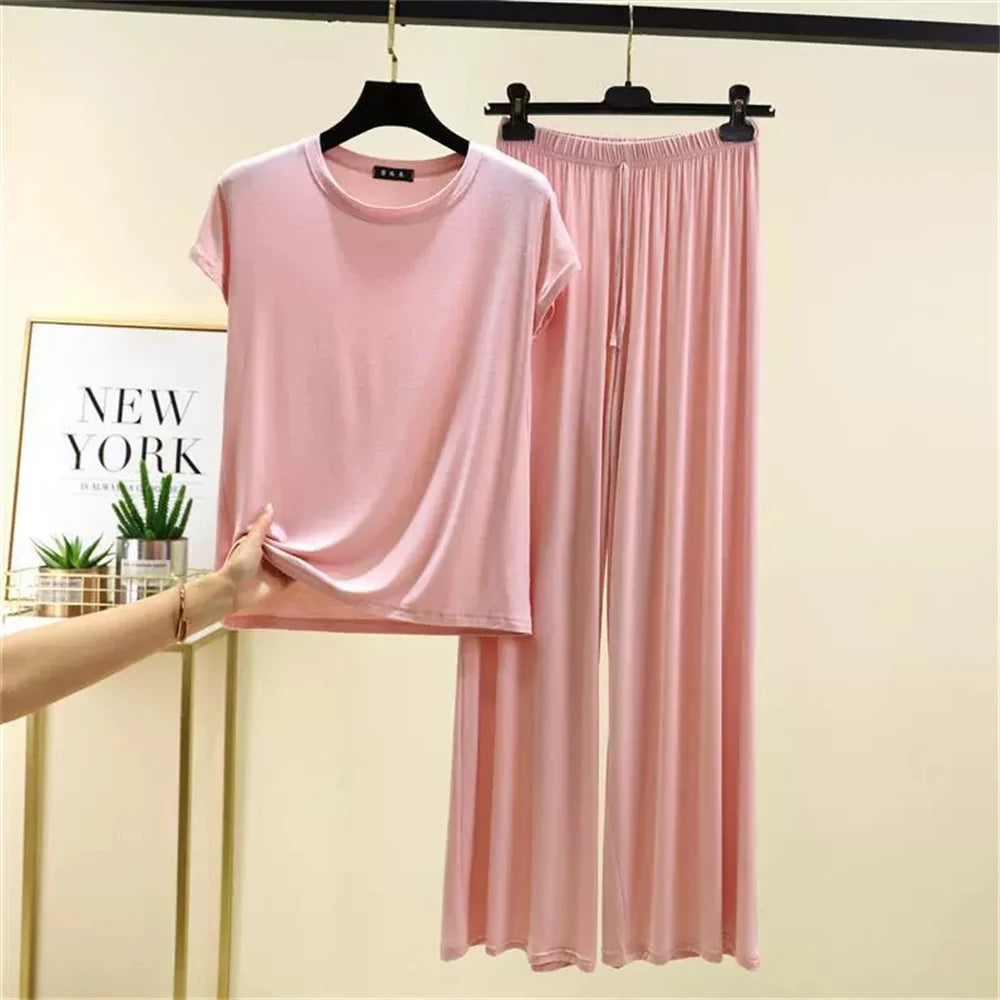 2025 Oversized M to 6XL Short Sleeve Tshirts and Wide leg pants Solid color Summer Modal Pajamas sets Casual homewear 2pcs suit