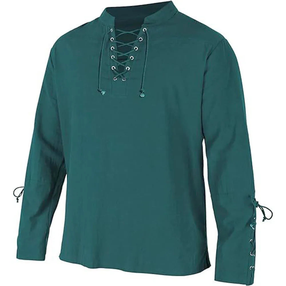 FURCW Men's Cotton Linen Long Sleeve V-Neck Medieval Pirate Shirt