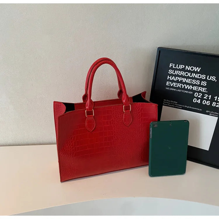 Spring 2025 Large Capacity Fashionable Handbag Casual Commuting Trendy Crocodile Pattern Tote Bag Street Style PU Material