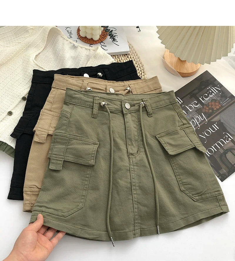 Retro High Waist Denim  Skirt Women's Spring Summer Autumn Casual Drawstring Anti-Light Short Skirt Polyester Fiber