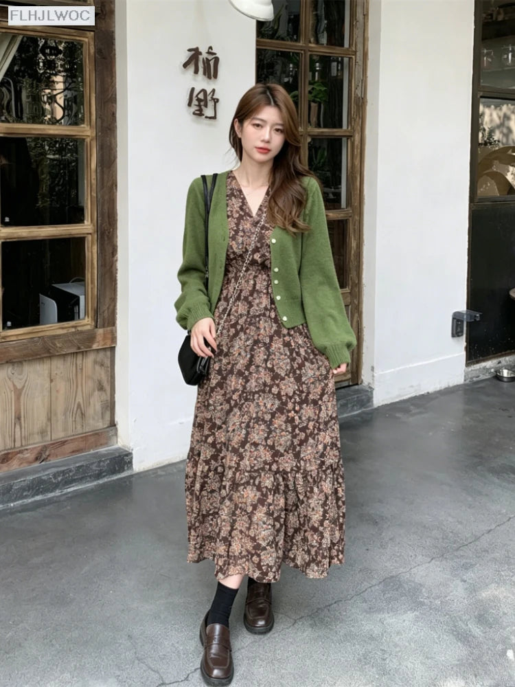 Chic Korean Clothes Design 2022 Autumn Spring Womens V Neck Elegant Lady Floral Printed Retro Vintage Long Maxi Dress