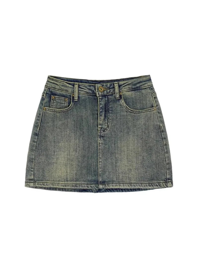 High Waist A-Line Mini Skirt Retro Spicy Girl Denim Women's Summer Slimming Anti-Light Half-length Skirt Street Style Trendy