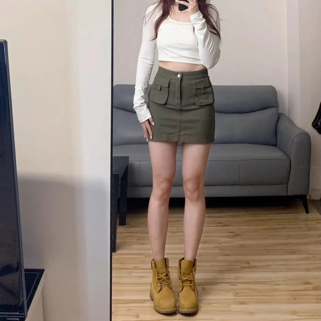 American Retro Workwear Mini Skirt A-Line Design plus Size High Waist Slimming Denim Half-length Skirts for Women