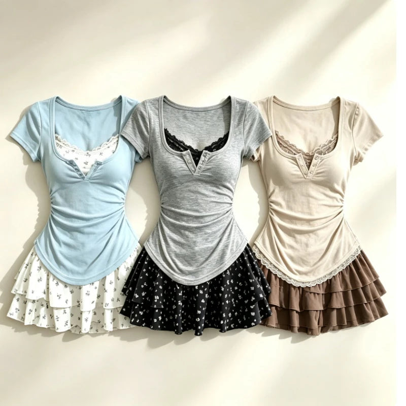 Lolita Style Japanese Sweet 2 Piece Set Woman Casual Slim Tops High Waist Elegant Y2k Mini Dress Fashion Set Chic