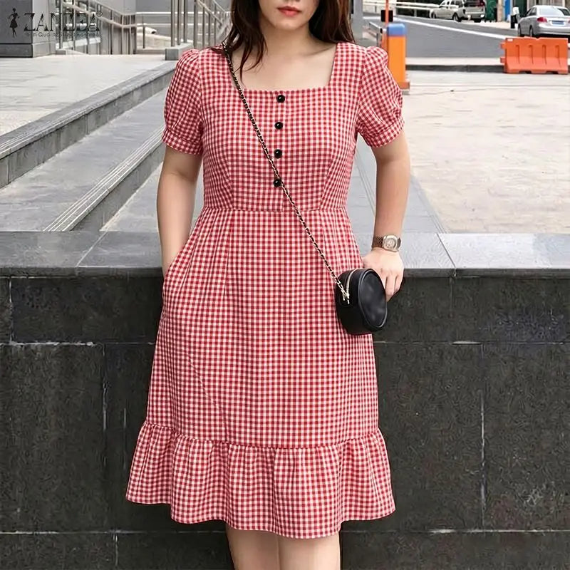 ZANZEA Vintage Gingham Knee-Length Dress Woman Suqare Neck Puff Sleeves Ruffled Hem Dresses Summer Casual Daily Wear Vestidos