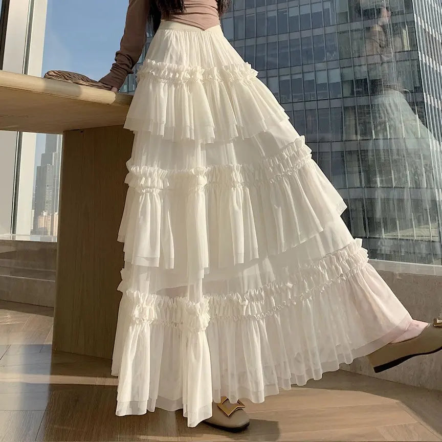 Qiukichonson Midi Long Skirt Women Patchwork Mesh Lolita Spring Summer High Waisted High Low Ruched Ruffles Ball Gown Skirt rok