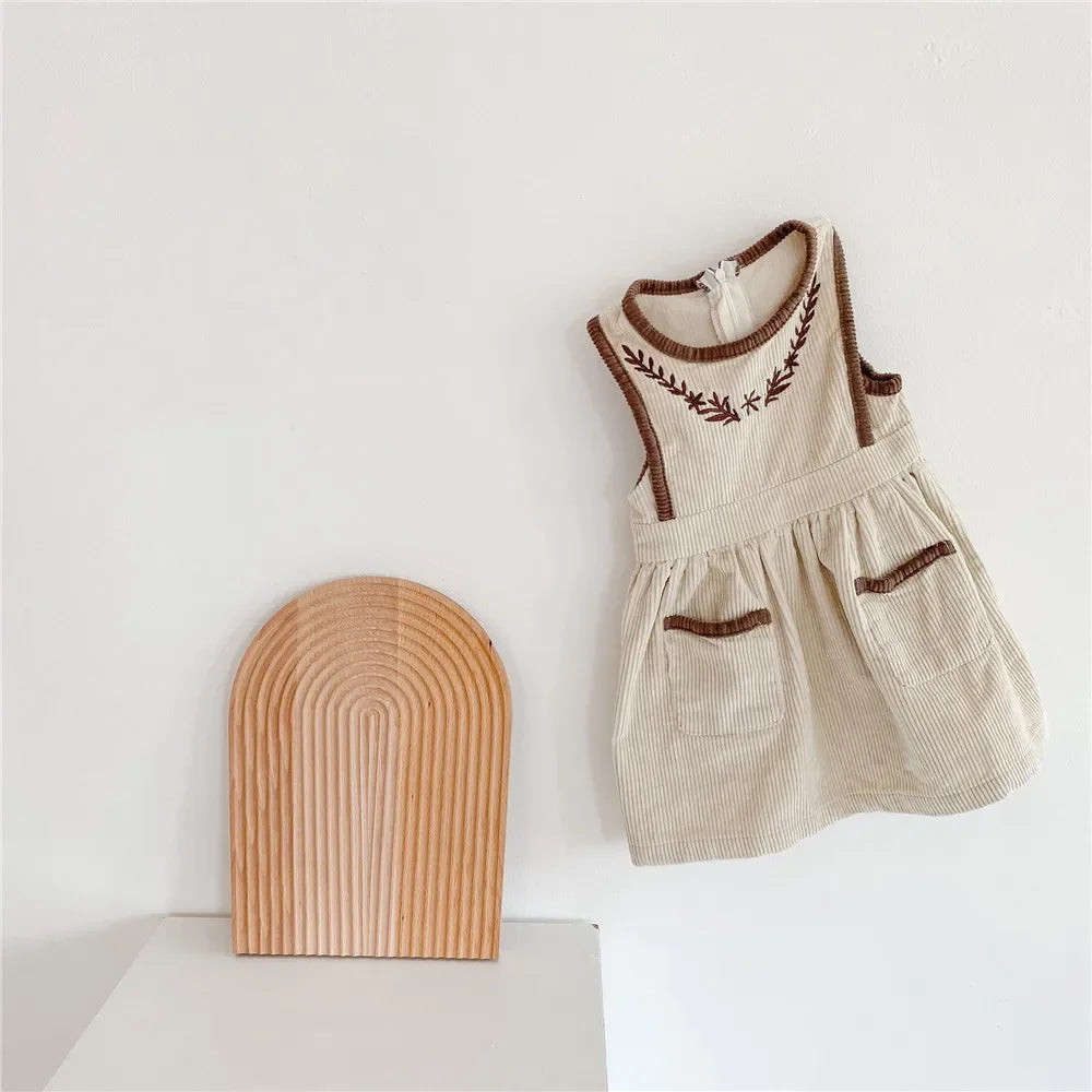 2025 Vinatge Baby Corduroy Sleeveless Dress Little Girls Sundress and Long Sleeve Tops Autumn Winter  Two Piece Set Children