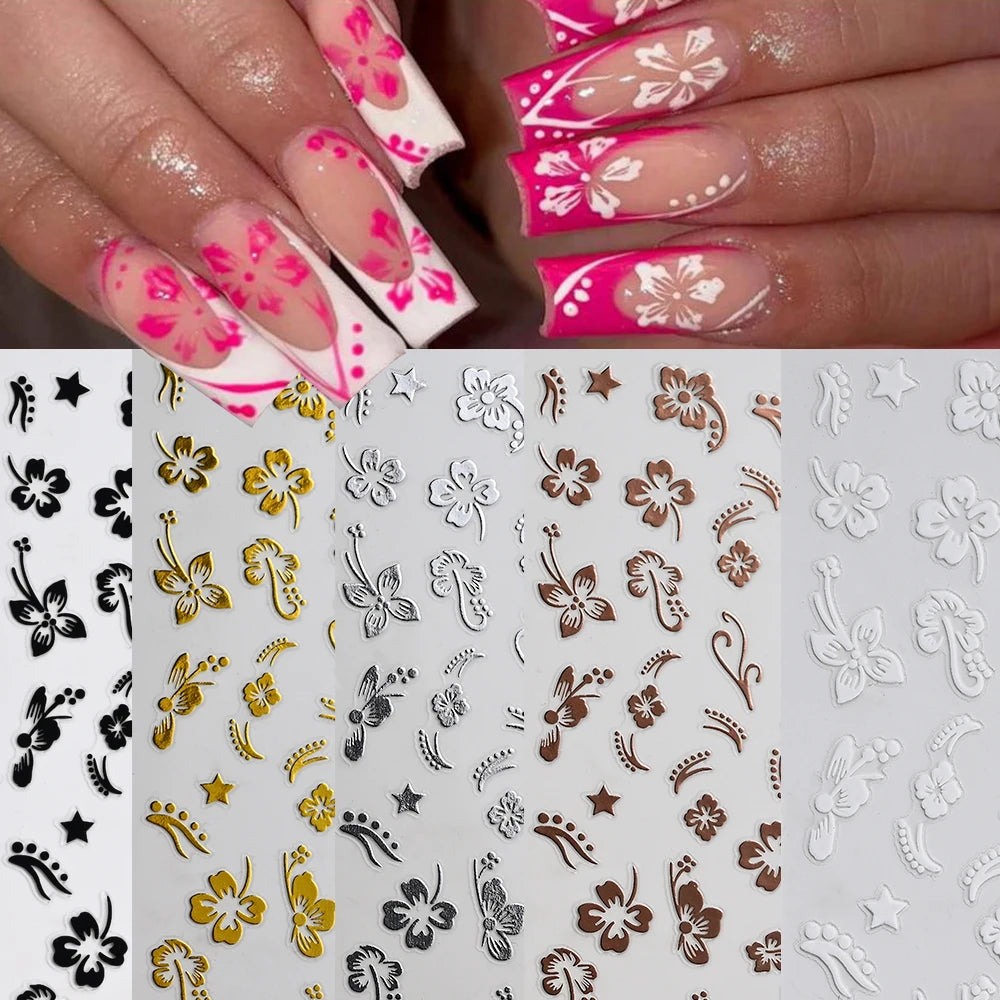 1 pieza 3D pegatinas de hibisco para uñas, flores blancas y negras, pétalos, calcomanías adhesivas, deslizadores florales rosas y dorados para decoración de uñas