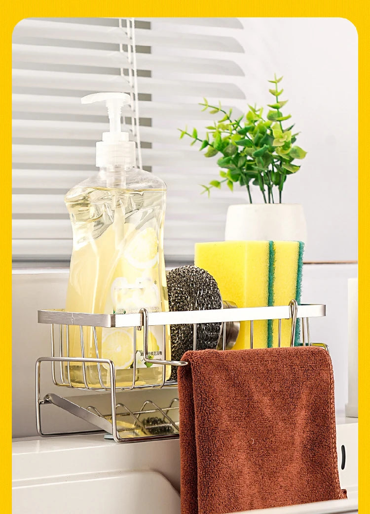 Rejilla de almacenamiento de herramientas de limpieza de fregadero, escurridor multifuncional de acero inoxidable para cocina, organizador de esponjas y detergentes, colgador de trapos