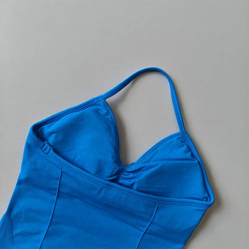 Longline Strappy Seamless Yoga Tank Top Ruched Backless Gym Workout Sleeveless Shirts with Built-in Bra Vest for Women