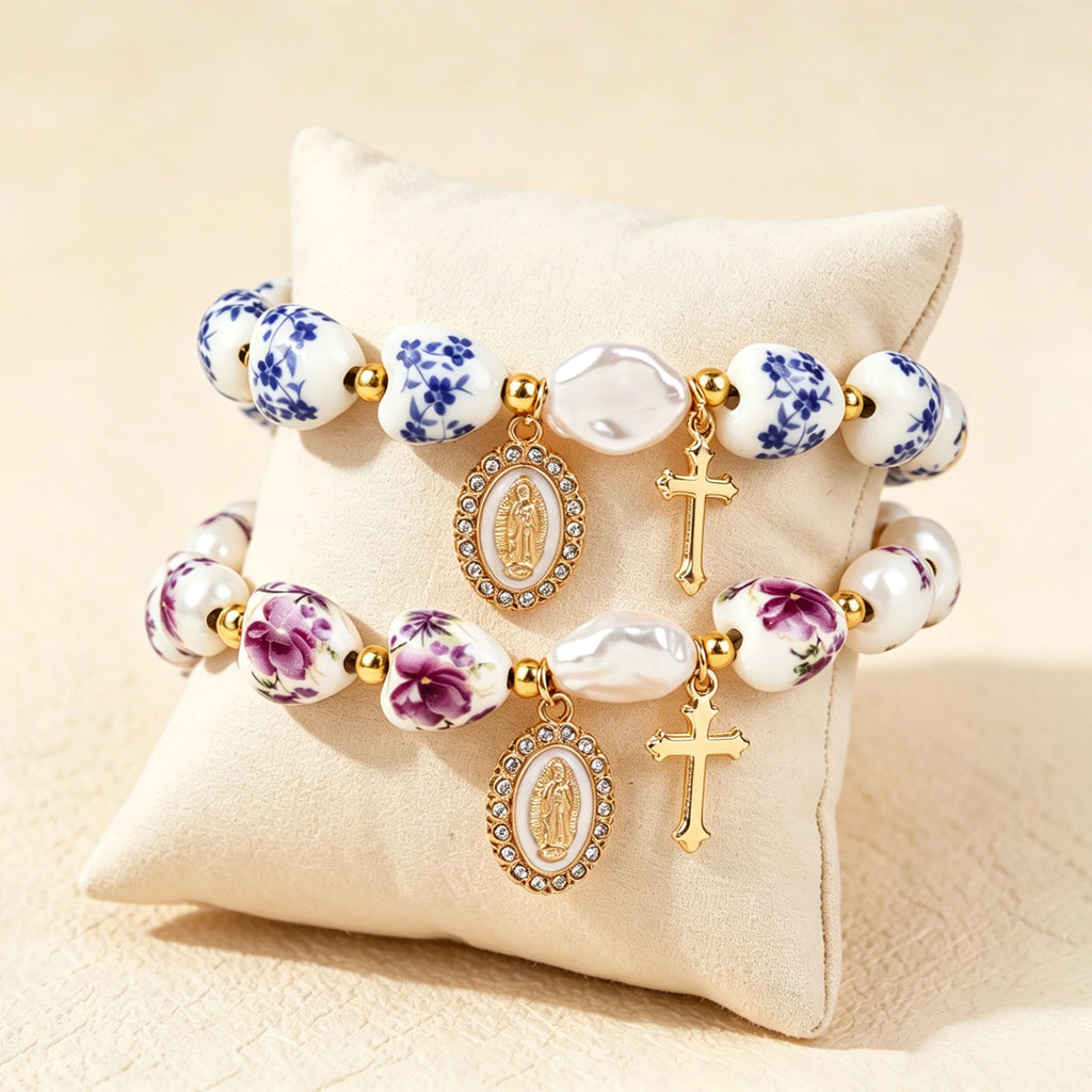 jesus Cross bracelet women men blue white porcelain Ceramics beads Ascension day western wear pulseras spring summer jewelry
