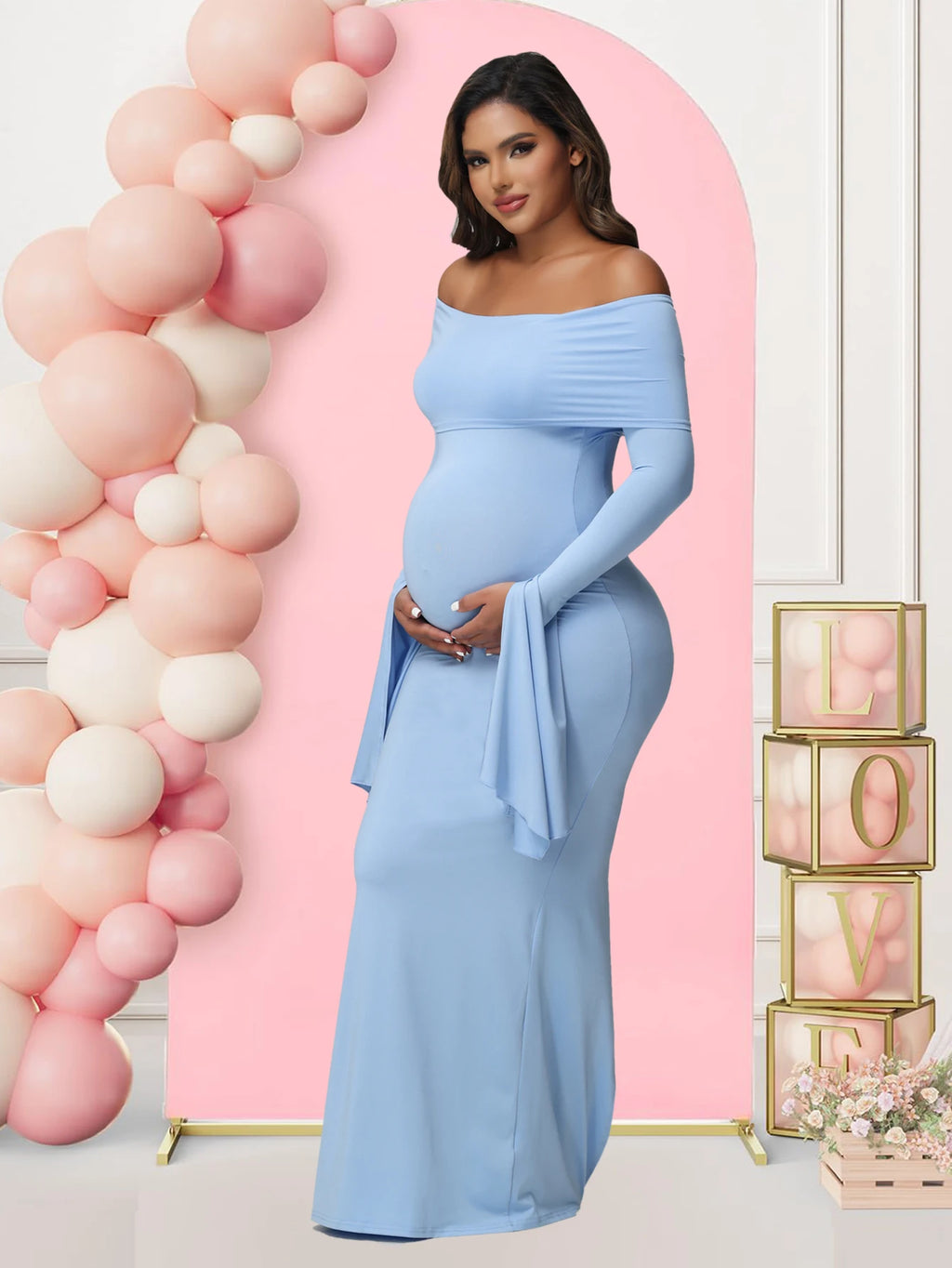 Off - Shoulder Bodycon Maternity Maxi Gown | Baby Shower Photoshoot