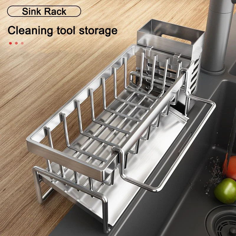 Rejilla de almacenamiento de herramientas de limpieza de fregadero, escurridor multifuncional de acero inoxidable para cocina, organizador de esponjas y detergentes, colgador de trapos