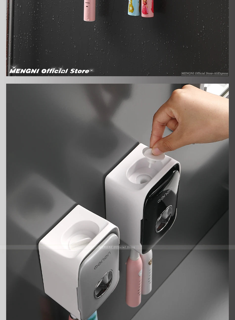 MENGNI Dispensador de pasta dental montado en la pared, exprimidor de pasta dental para baño sin perforaciones, soporte para cepillos de dientes, funcionamiento manual