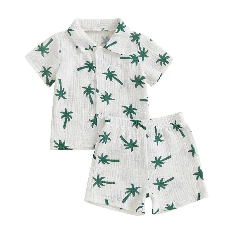 Palm Tree Print Baby Boys Summer Outfit Two Piece Set Button Up Shirt And Elastic Shorts