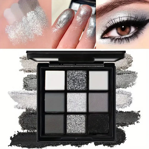 9 Shade Eyeshadow Palette Smoky Black Gray Silver Glitter Long Lasting Matte Finish Easy To Color For Smoky Eye Fans