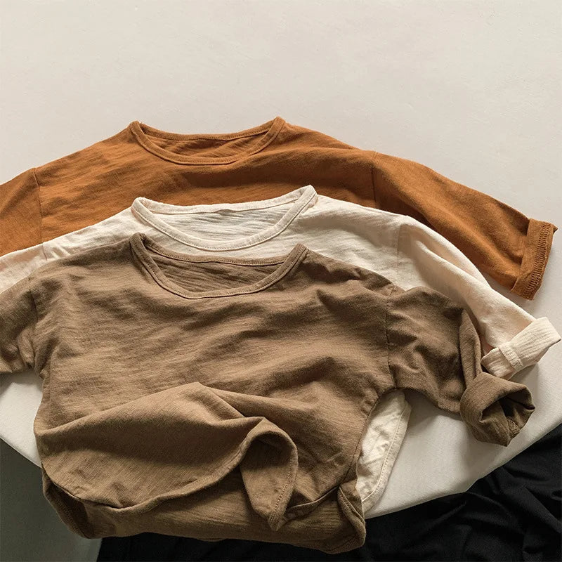 Spring Autumn Kids New Solid Long Sleeves Sweatshirt Boys Loose Cotton Top Clothes Baby Girl Boy Casual Soft Pullover T-Shirts