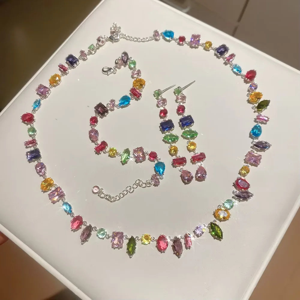 Luxury Colourful Crystal Zircon Necklace for Women Fashion Party Jewelry Accessory Ladies Elegant Zircon Jewelry