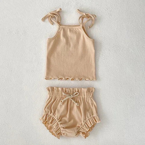Toddler Girl Summer Clothes Set 0 To 24 Months Sleeveless Vest And Shorts Solid Color Outfit