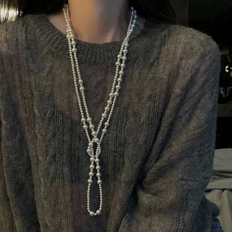 Vintage Long Multi Layered Pearl Necklace for Women Elegant Sweet Collar Chain Sweater Chain Necklaces Luxury Jewelry Gifts