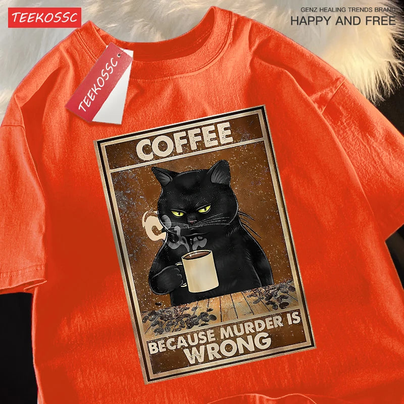 Porque Matar Está Mal Camiseta Unisex Oversize de Algodón Transpirable de Gato Negro Bebiendo Café Ropa Urbana