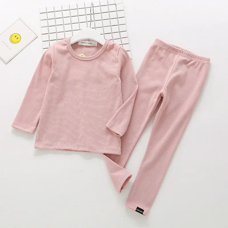 Kids Unisex Ribbed Cotton Pajama Set - Long Sleeve Pullover & Pants