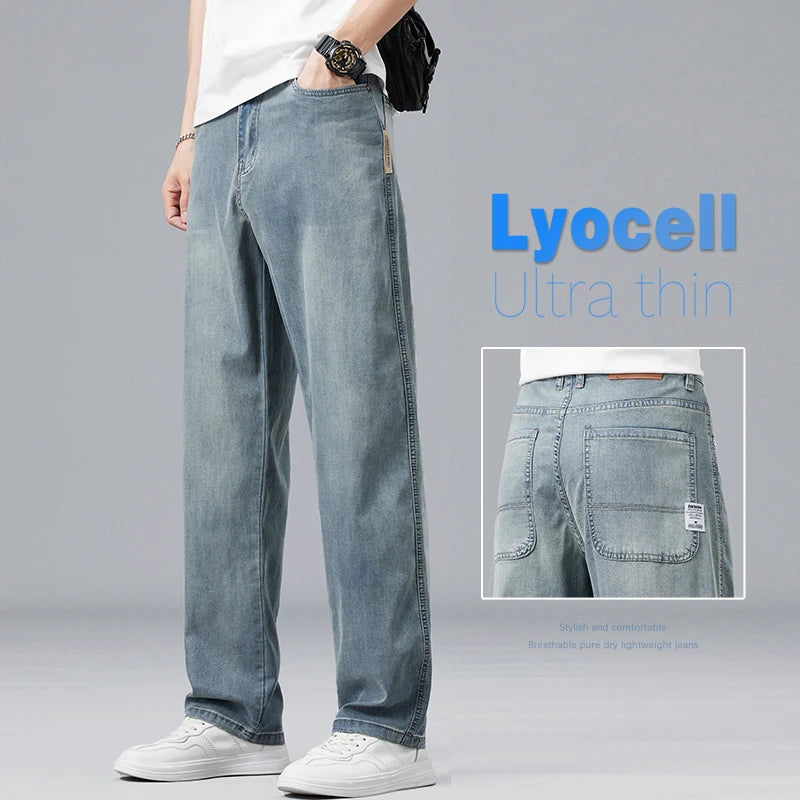 Summer Ultra-Thin Lyocell Men'S Jeans Drape Soft Fabric Loose Straight Casual Denim Pants Elastic Ice Silk Male Trousers