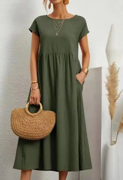 Premium Elegant Solid Cotton Linen Dress Summer Midi with Pockets Loose Fit Casual Crew Neck Short Sleeve for Beach Travel