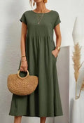 Premium Elegant Solid Cotton Linen Dress Summer Midi with Pockets Loose Fit Casual Crew Neck Short Sleeve for Beach Travel