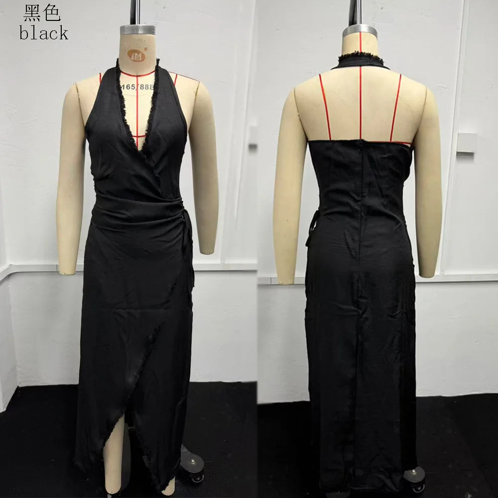 Women's Dress Elegent Solid Color Summer Deep V Neck Sleeveless High Split Lace Trim Wrap Lace-up Bohemian Vacation Dresses