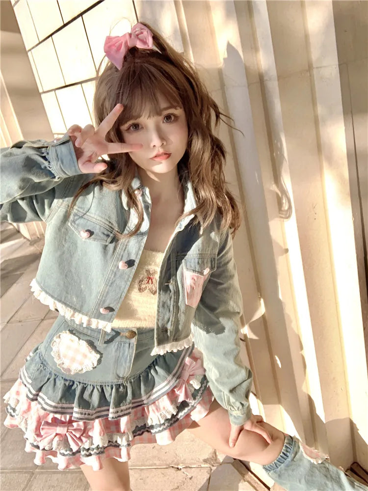Japanese Sweet Lolita Mini Skirts Ball Gown Women Harajuku Cute Denim Skirt Preppy Style Girls High Waist Kawaii Lace Cake Skirt