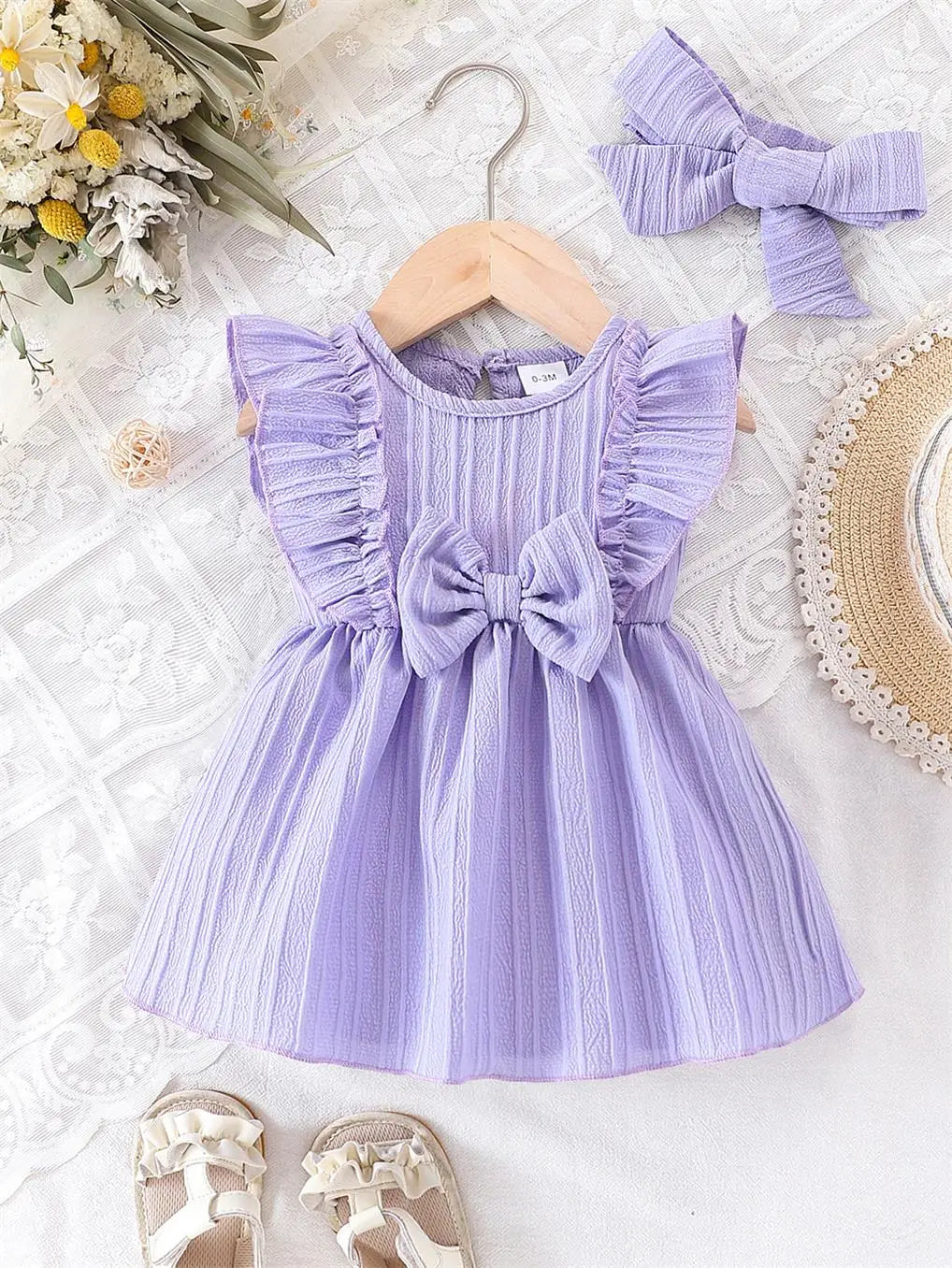 Baby Girl Summer Blue Dress With Bow And Ruffled Edges For 0-3 Year Olds Adorable Cute Style Outfit