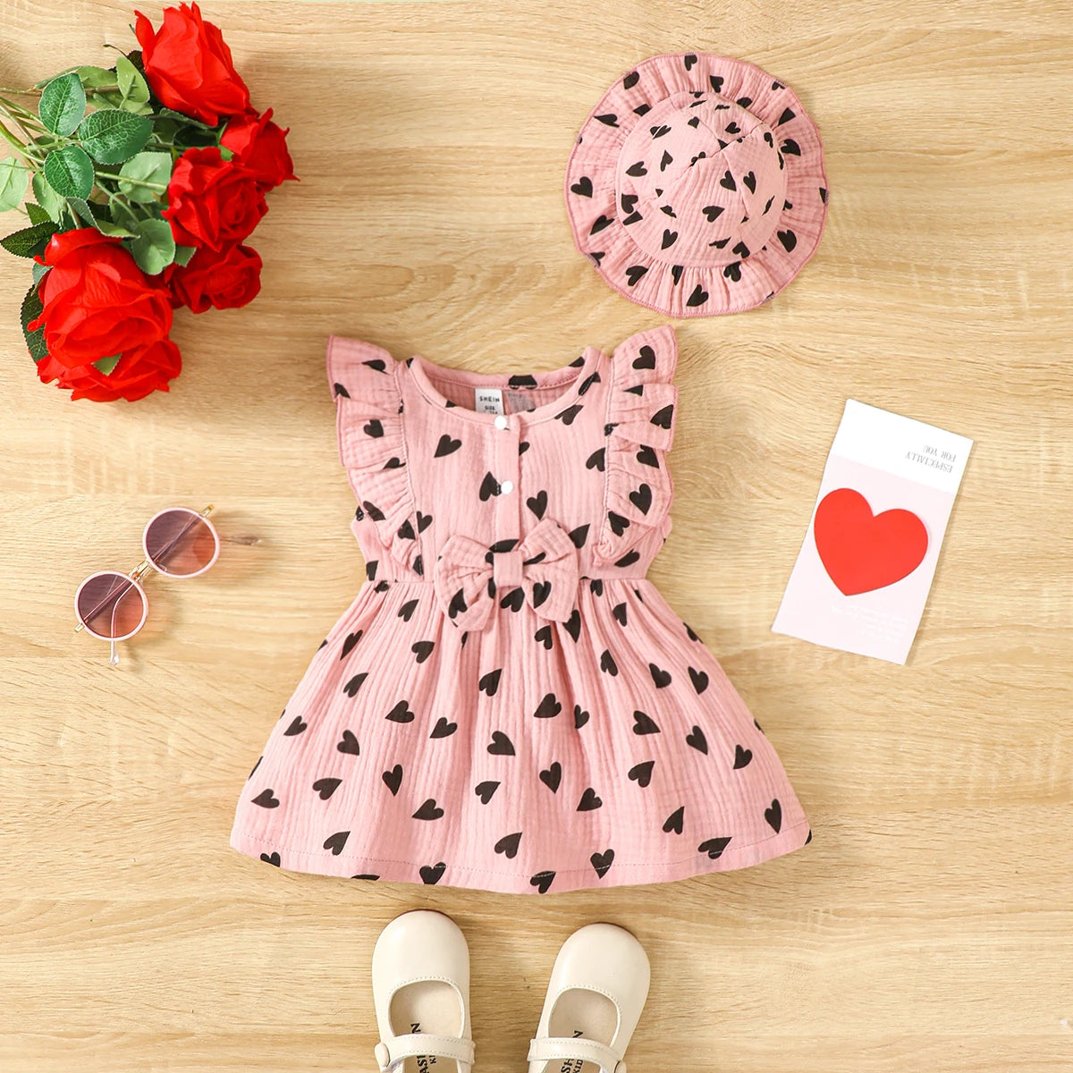Newborn Baby Girl Dress Set With Hat Sleeveless Love Print Summer Fashion Cute Wear For 0 To 9 Months